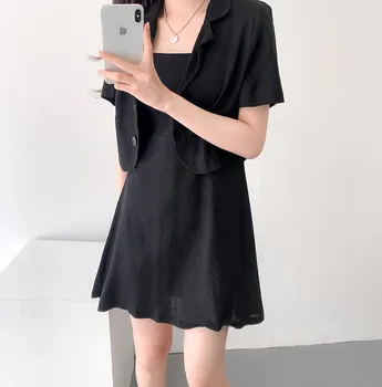 Nauja Vasaros Mados Temperamentas Tinka Office Lady Elegantiškas Korėja Chic Drabužius Nustatyti Trumpas Kailis + Dirželis Mini Suknelė 2 Vienetų Komplektas