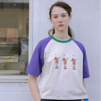 Vasaros Mielas Trumpi marškinėliai Prarasti Violetinė Susiuvimo trumpomis Rankovėmis, O ant Kaklo Moterų Medvilnės Tshort Preppy Stilius Tees Viršūnės