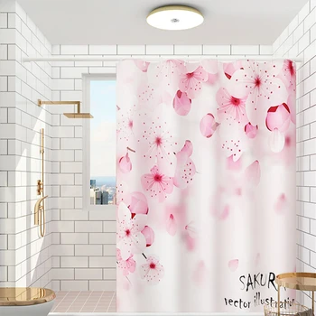 3D rožinė, persiko žiedų gėlių spausdinti vonios užuolaidų poliesteris atsparus vandeniui namų apdailos, užuolaidų su kablio 180x200cm