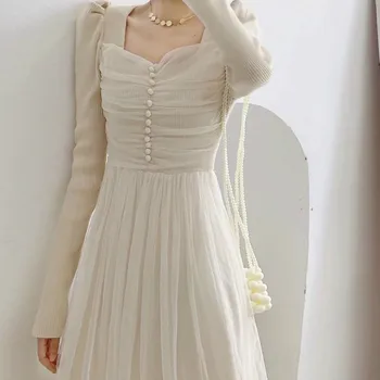 Saldus Nėrinių Mezgimo Moterų Suknelė Korėjos Causual Ilgomis Rankovėmis Prancūzijos VIntage Suknelė Moterų Mados Vakarą Šalis Suknelė Moterų Žiemą