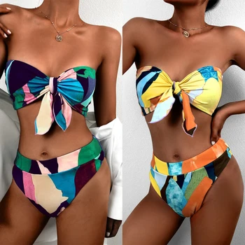 Bikini Braziliška Aukšto Juosmens Bikini 2021 Bandeau Mazgas Maudymosi Kostiumėlį Colorblock Spausdinti Maudymosi Kostiumėliai Moterims Seksualus Push Maudymosi Kostiumą Paplūdimio