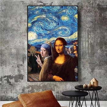 Mergaitė su perlų auskarai ir Mona Lisa pagal žvaigždėtą naktį, plakatai ir spausdina ant sienų tapybos meno nuotraukas