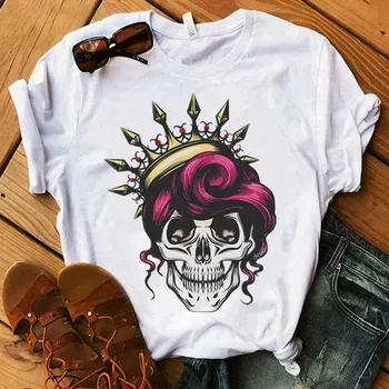 Nauja Vasaros Mados Moterų marškinėliai Cukraus Kaukolės O-kaklo T-Shirt Harajuku Kawaii Viršūnes Tee trumpomis Rankovėmis Moteriška Marškinėlius