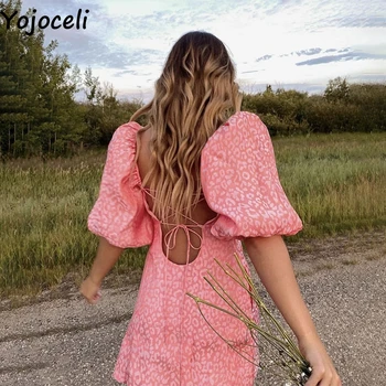 Yojoceli Seksualus backless leopard satino suknelė moterims Žibintų rankovės vasaros paplūdimio trumpa suknelė Elegantiškas atsitiktinis rožinės spalvos mini suknelė vestidos